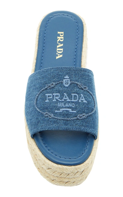 Shop Prada Women's Logo-printed Denim Slides In Blue