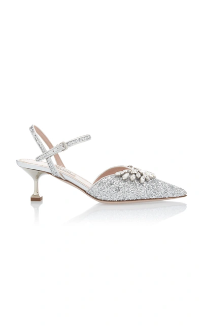 Shop Miu Miu Women's Embellished Glitter Kitten Heels In Silver