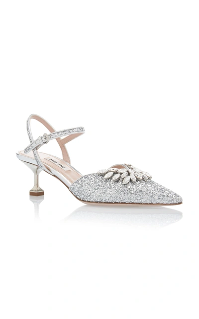 Shop Miu Miu Women's Embellished Glitter Kitten Heels In Silver