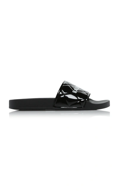 Shop Balenciaga Women's Logo-printed Quilted Faux Patent Leather Pool Slides In Black