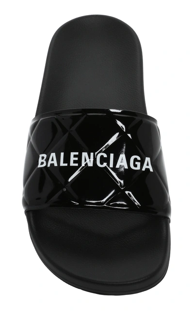 Shop Balenciaga Women's Logo-printed Quilted Faux Patent Leather Pool Slides In Black