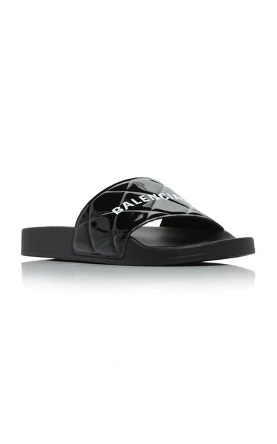 Shop Balenciaga Women's Logo-printed Quilted Faux Patent Leather Pool Slides In Black