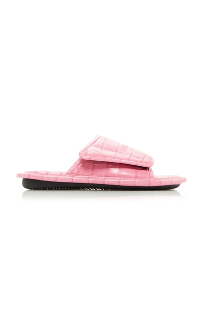 Shop Balenciaga Home Croc-embossed Leather Slide Sandals In Pink