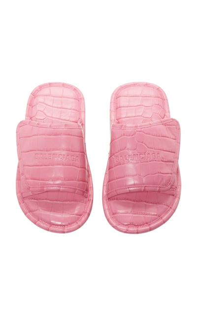 Shop Balenciaga Home Croc-embossed Leather Slide Sandals In Pink