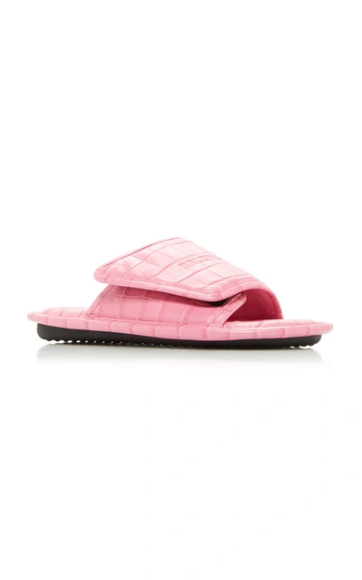 Shop Balenciaga Home Croc-embossed Leather Slide Sandals In Pink