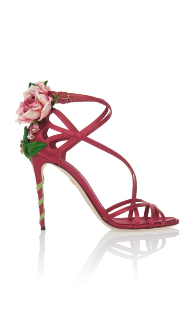Shop Dolce & Gabbana Floral-appliquéd Satin Sandals In Red