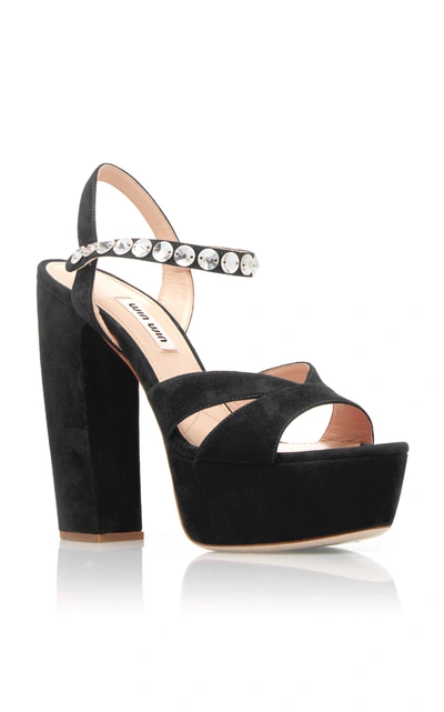 Shop Miu Miu Jeweled Strap Suede Platform Sandal In Black