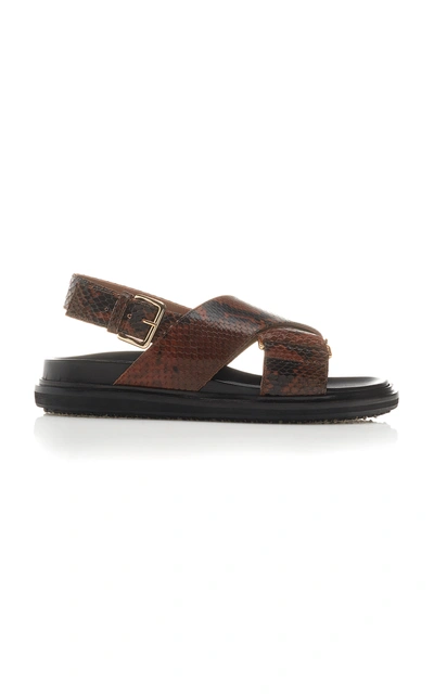 Shop Marni Women's Fussbett Snake-effect Leather Slingback Sandals In Brown