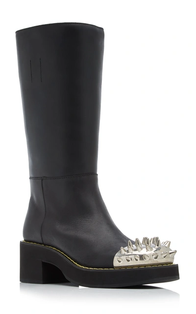 Shop Miu Miu Spike-embellished Knee-high Leather Boots In Black