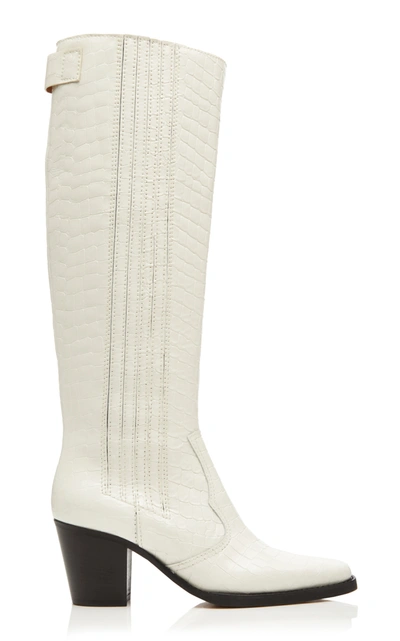 Shop Ganni Croc-effect Leather Knee-high Boots In White