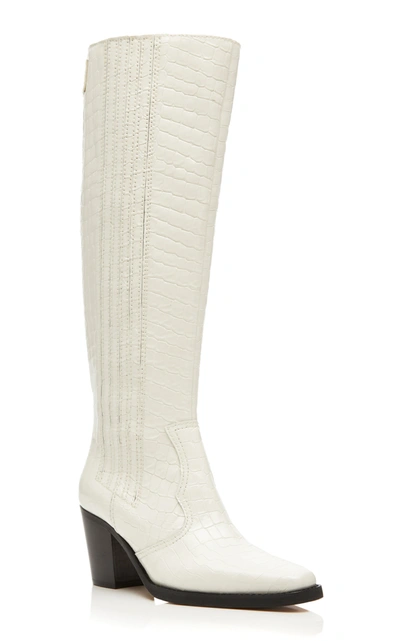 Shop Ganni Croc-effect Leather Knee-high Boots In White