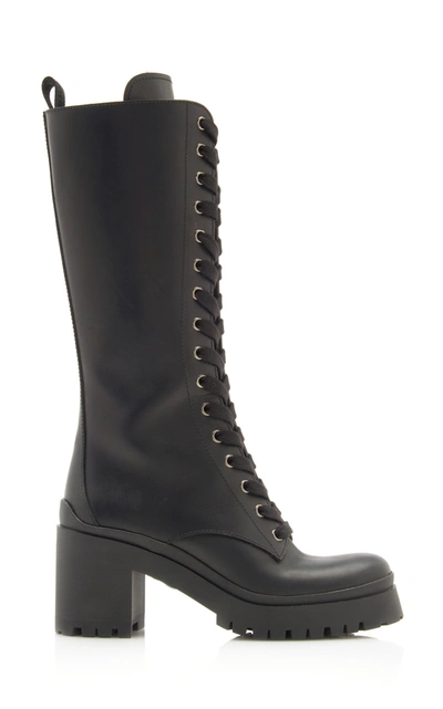 Shop Miu Miu Lace-up Leather Knee-length Combat Boots In Black