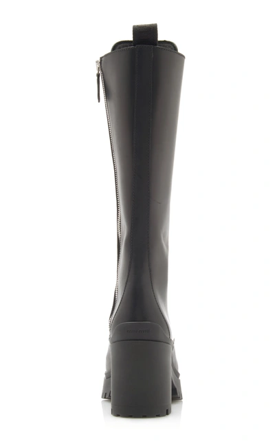 Shop Miu Miu Lace-up Leather Knee-length Combat Boots In Black