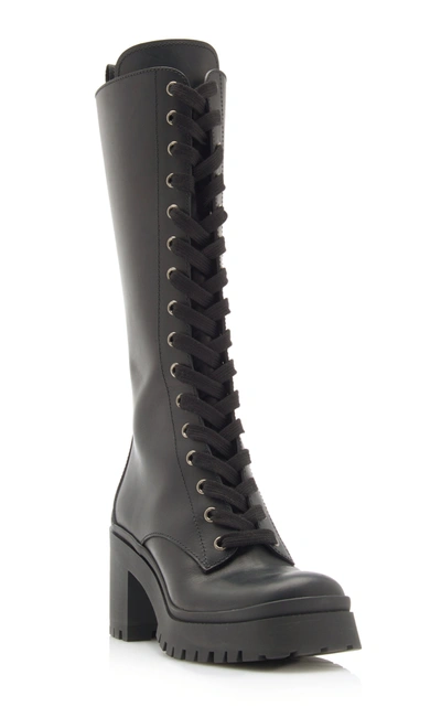 Shop Miu Miu Lace-up Leather Knee-length Combat Boots In Black