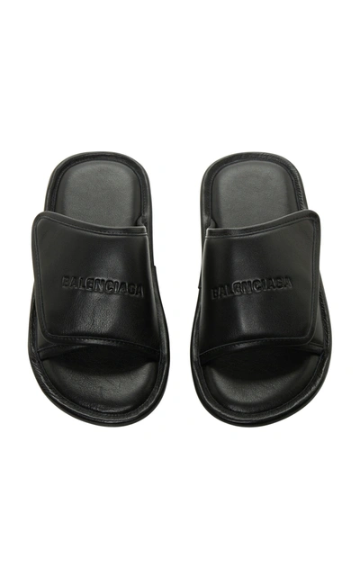 Shop Balenciaga Women's Home Logo-embossed Leather Slide Sandals In Black