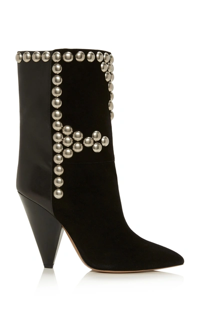 Shop Isabel Marant Layo Studded Leather-paneled Velvet Ankle Boots In Black,white