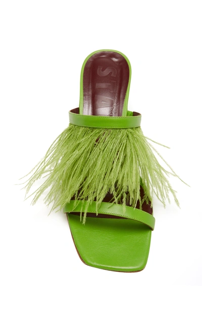 Shop Staud Franka Feather-embellished Satin Sandals In Green