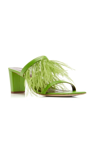 Shop Staud Franka Feather-embellished Satin Sandals In Green