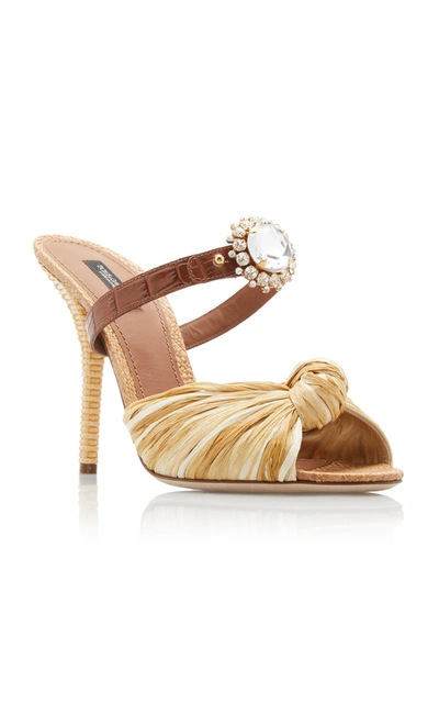 Shop Dolce & Gabbana Crystal-embellished Raffia And Leather Sandals In Brown