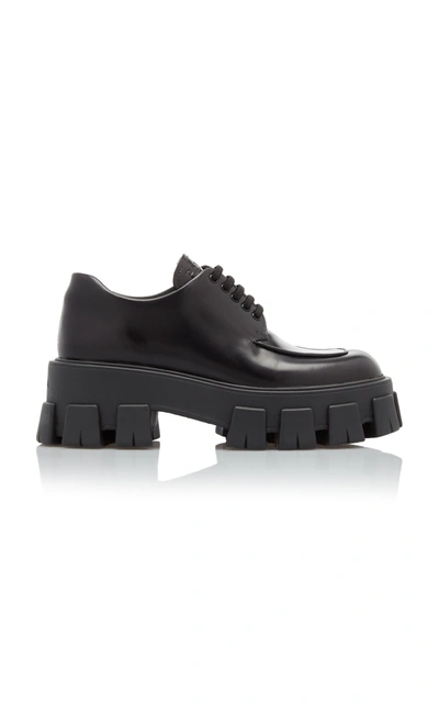 Shop Prada Women's Rubber-trimmed Leather Brogues In Black