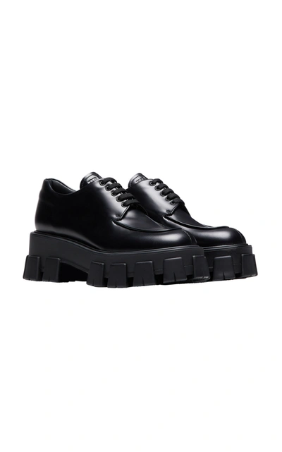 Shop Prada Women's Rubber-trimmed Leather Brogues In Black