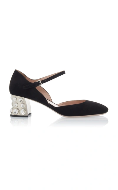 Shop Miu Miu Embellished Suede Mary Jane Pumps In Black