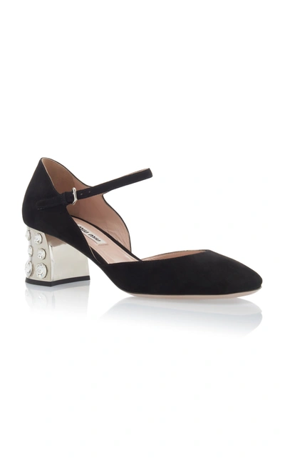 Shop Miu Miu Embellished Suede Mary Jane Pumps In Black