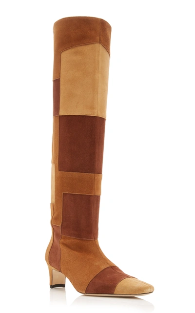 Shop Staud Wally Patchwork Suede Knee-high Boots In Brown