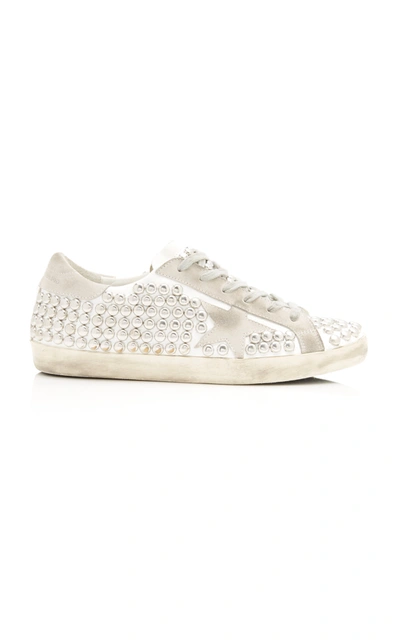 Shop Golden Goose Women's Superstar Distressed Studded Suede And Leather Sneakers In Silver