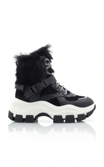 Shop Prada Fur-trimmed Leather And Rubber High-top Sneakers In Black,white