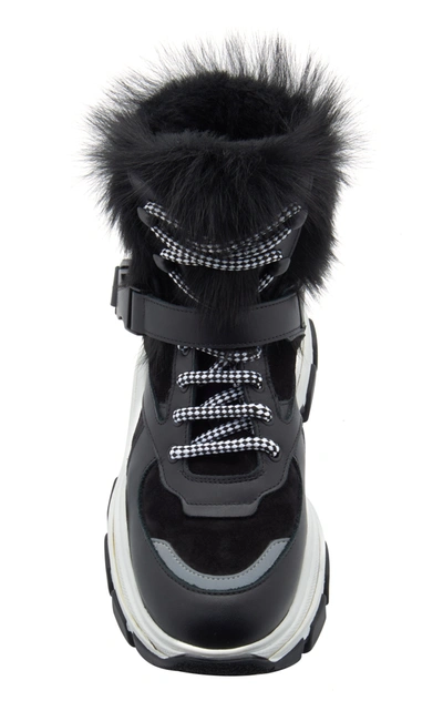 Shop Prada Fur-trimmed Leather And Rubber High-top Sneakers In Black,white