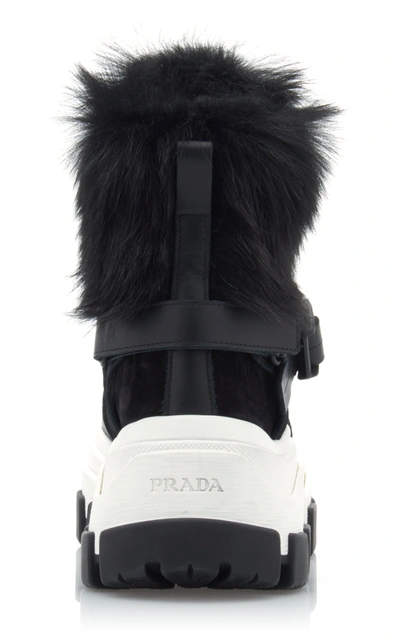 Shop Prada Fur-trimmed Leather And Rubber High-top Sneakers In Black,white