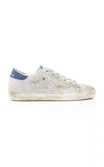 Shop Golden Goose Superstar Glittered Distressed Leather And Suede Sneakers In Silver