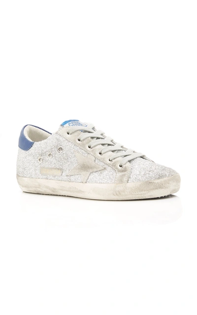 Shop Golden Goose Superstar Glittered Distressed Leather And Suede Sneakers In Silver