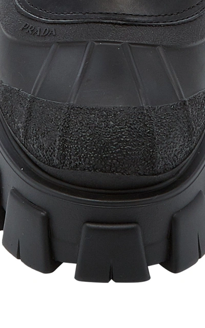 Prada Monolith Shearling-trimmed Leather Boots In Black