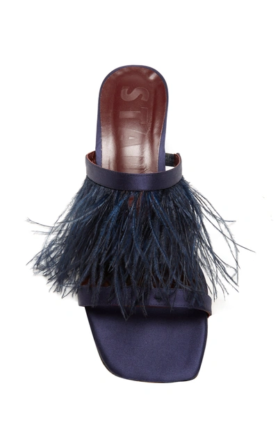 Shop Staud Franka Feather-embellished Satin Sandals In Navy