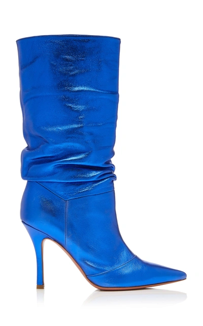 Shop Amina Muaddi Women's Ida Metallic Leather Knee Boots In Blue