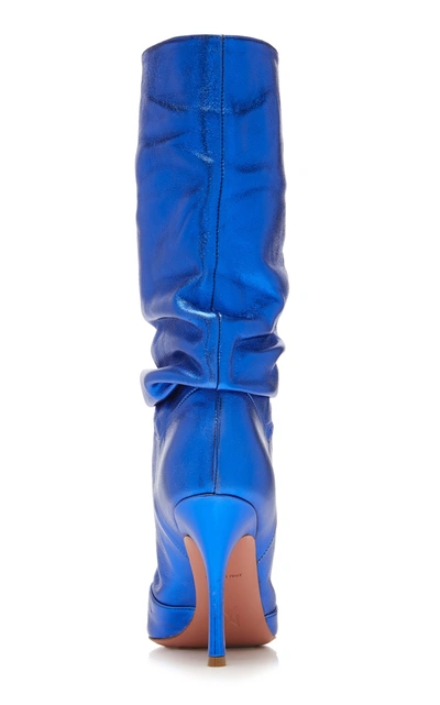 Shop Amina Muaddi Women's Ida Metallic Leather Knee Boots In Blue