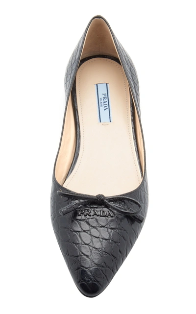 Shop Prada Croc-effect Leather Point-toe Flats In Black