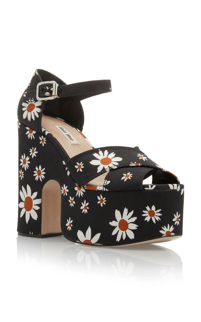 Shop Miu Miu Floral-print Gabardine Platform Sandals In Black