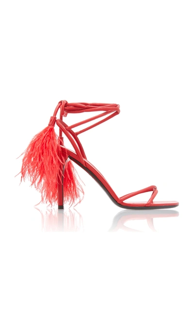 Shop Valentino Garavani Upflair Feather-embellished Leather Sandals In Red