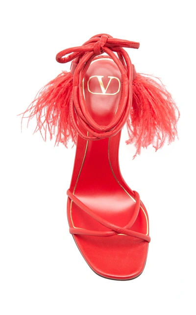 Shop Valentino Garavani Upflair Feather-embellished Leather Sandals In Red
