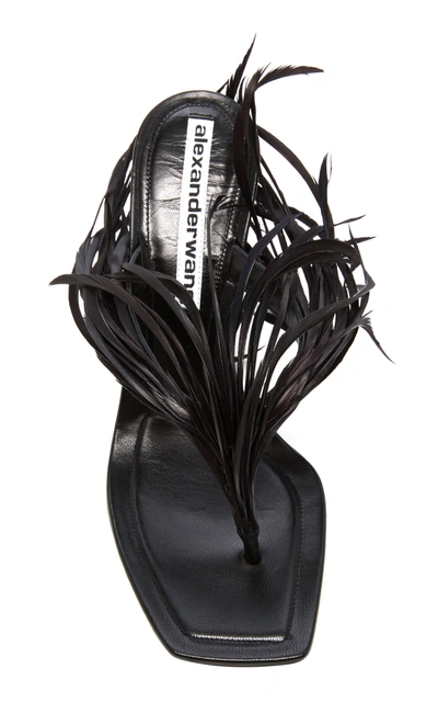 Shop Alexander Wang Ivy Feather-embellished Leather Thong Sandals In Black