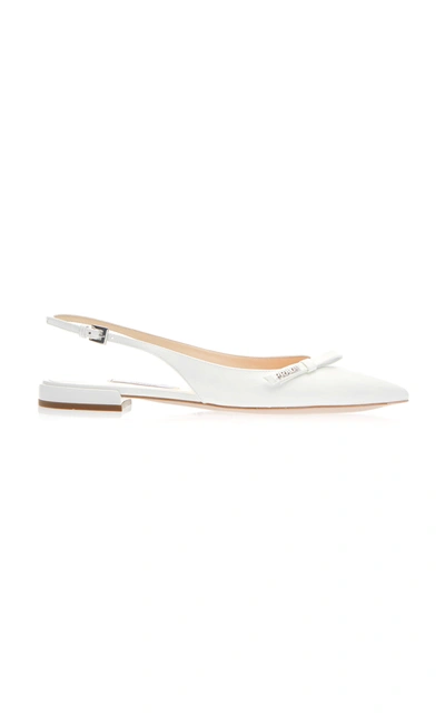 Shop Prada Bow-embellished Slingback Textured-leather Flats In White