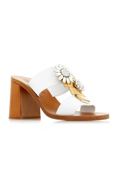 Shop Miu Miu Embellished Leather Sandals In White