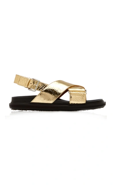 Shop Marni Fussbett Croc-effect Metallic Leather Sandals In Gold