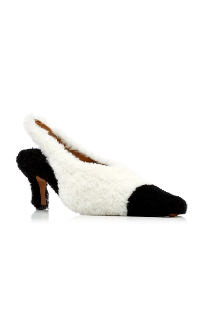 Shop Marni Two-tone Shearling Pointed Toe Pumps In Black/white