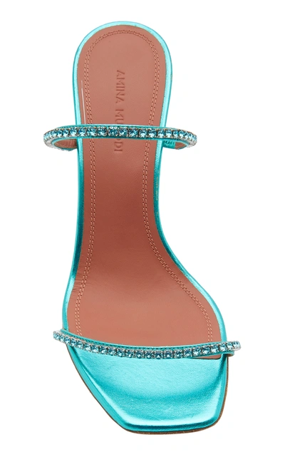 Shop Amina Muaddi Gilda Crystal-embellished Metallic Leather Sandals In Blue