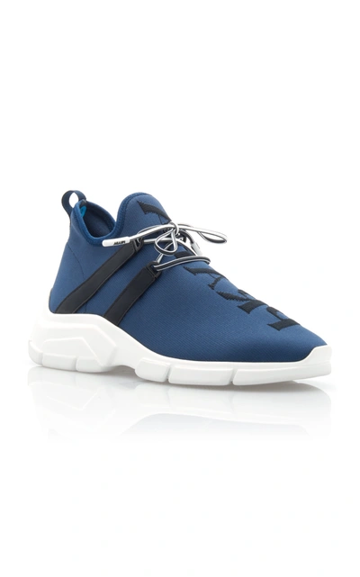 Shop Prada Logo-intarsia Stretch-knit Sneakers In Navy