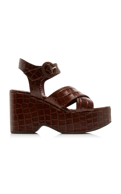 Shop Staud Jane Croc-effect Leather Platform Sandals In Brown